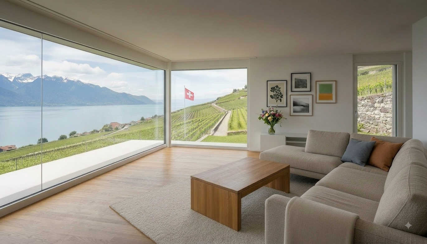Salon rénové avec vue sur le lac Léman et les vignobles en Suisse romande