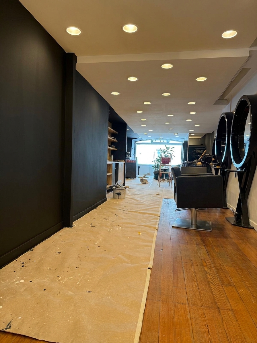 Chantier de peinture en cours dans le salon de coiffure à Vevey, protections au sol